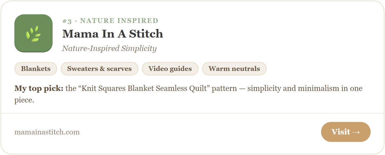 Mama In A Stitch — unique and simple knit and crochet patterns inspired by nature. Free blankets, sweaters, scarves and hats in warm neutral colors for beginners and intermediate knitters